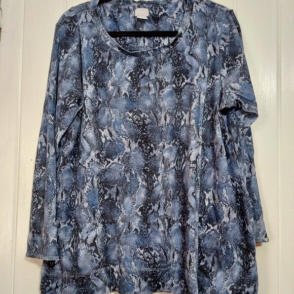 Chico's Blue Python Print Long Sleeve Tunic Length Sweatshirt size 2 (12/14) - Picture 1 of 1